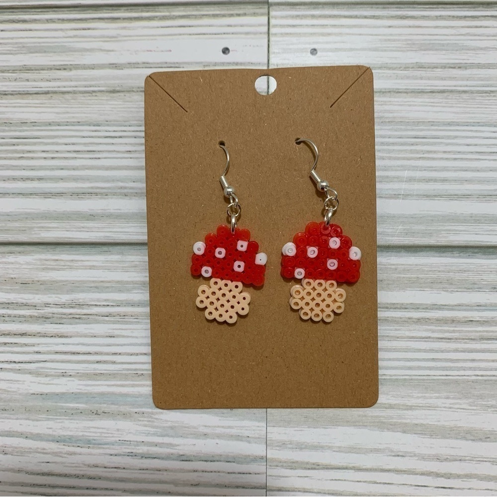 Handmade Mushroom Pixel Perler Bead Earrings, Novelty Earrings